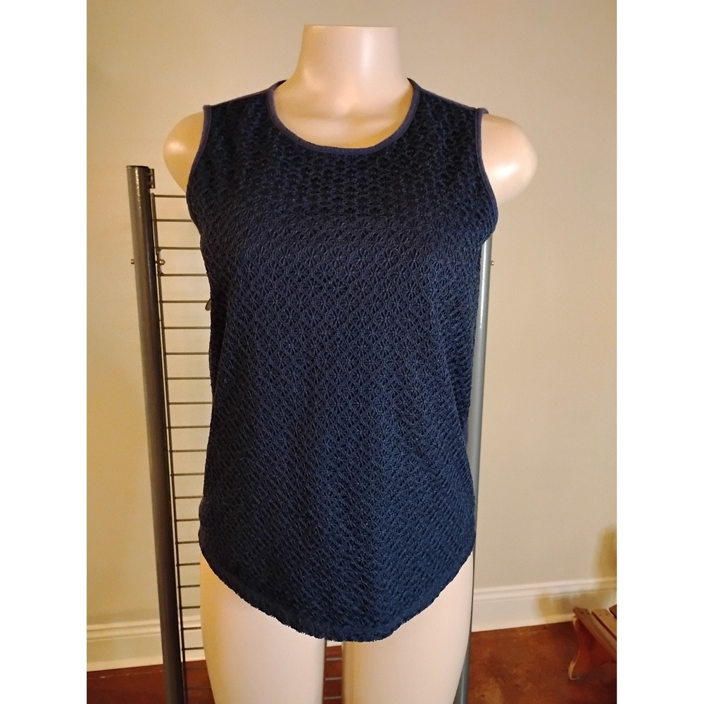 Talbots Navy Blue Crochet Lace Front Sleeveless Shell Top Small Floral Knit